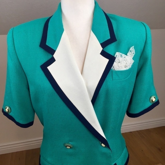 Vintage Turquoise Midi Dress with Navy Trim - Picture 4 of 12